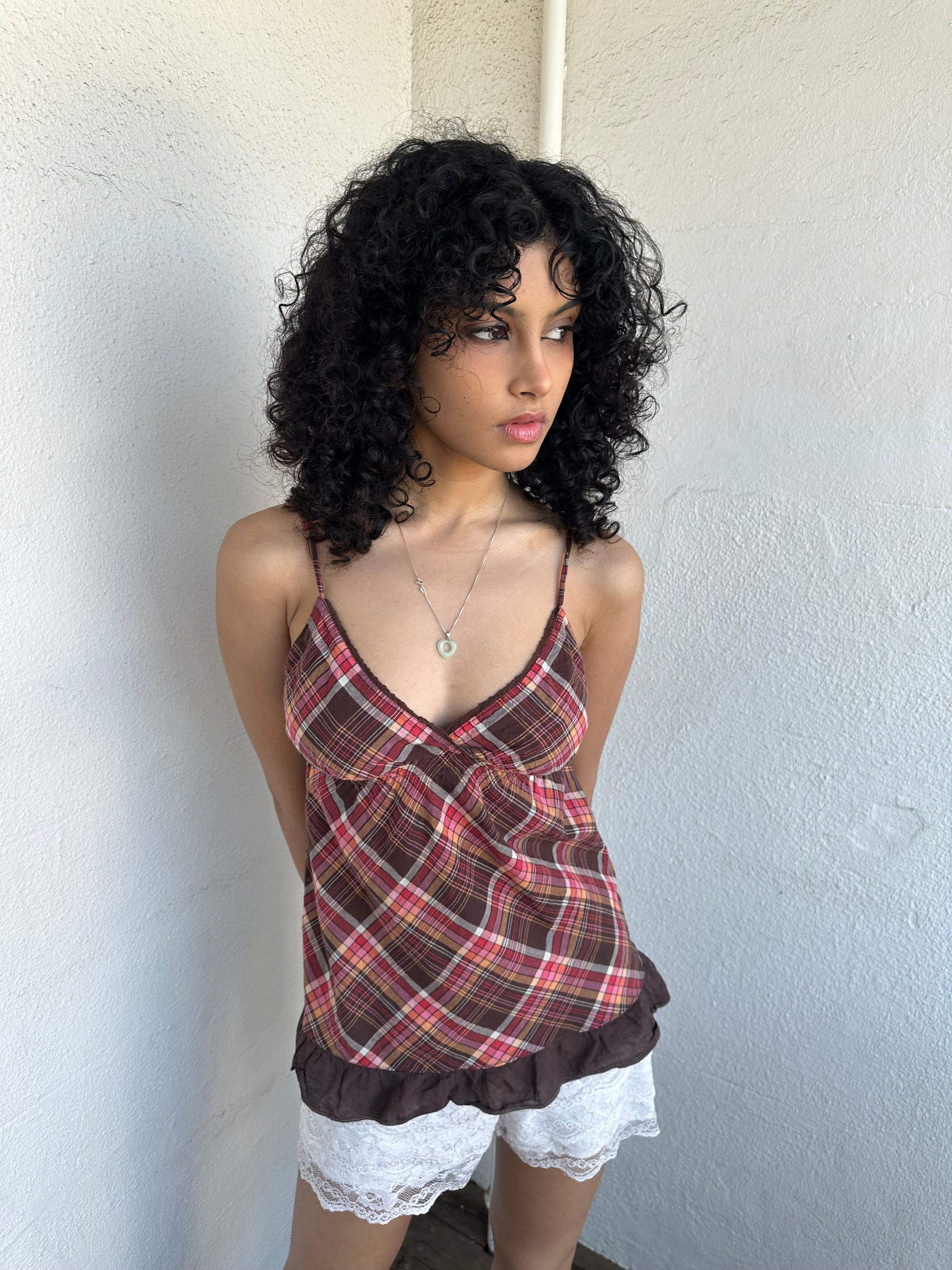 Women wearing a 00s Y2K Brown, red & orange tartan cami comfy soft cotton fabric.