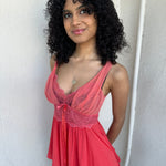 Woman wearing a Y2K 00s Coral cami featuring a mesh layered bust with delicate floral embroidery, lace trim, and subtle sequin details