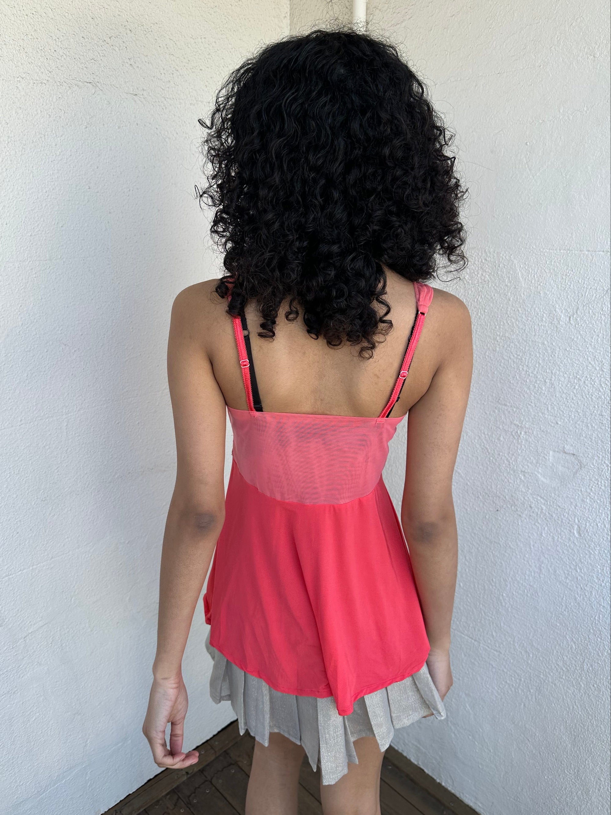 Woman wearing a Y2K 00s Coral cami featuring a mesh layered bust with delicate floral embroidery, lace trim, and subtle sequin details