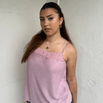 Woman Dressed in Y2K 00s Dusty pink lace trim cami featuring a soft dusty pink tone