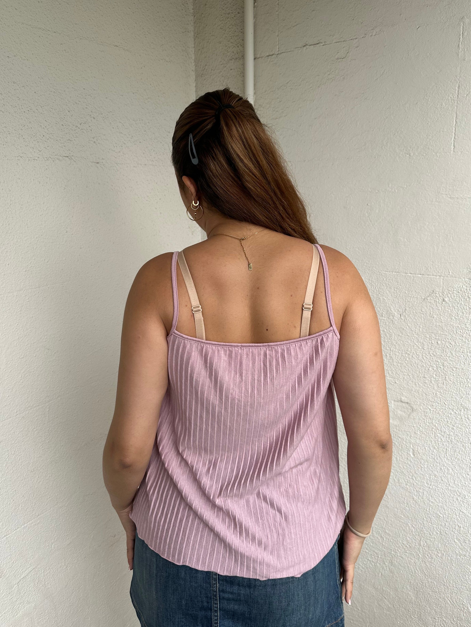 Woman Dressed in Y2K 00s Dusty pink lace trim cami featuring a soft dusty pink tone