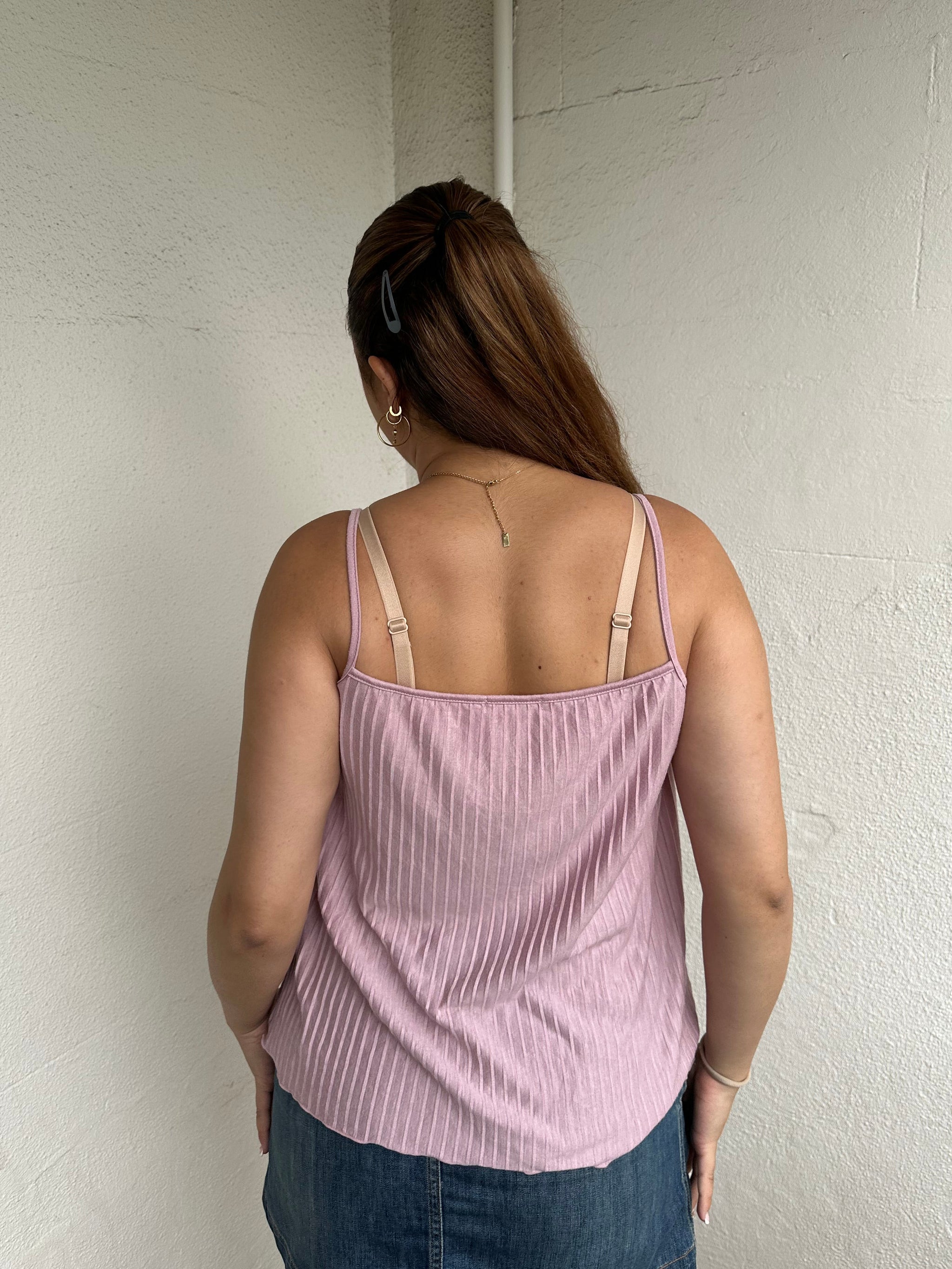 Woman Dressed in Y2K 00s Dusty pink lace trim cami featuring a soft dusty pink tone