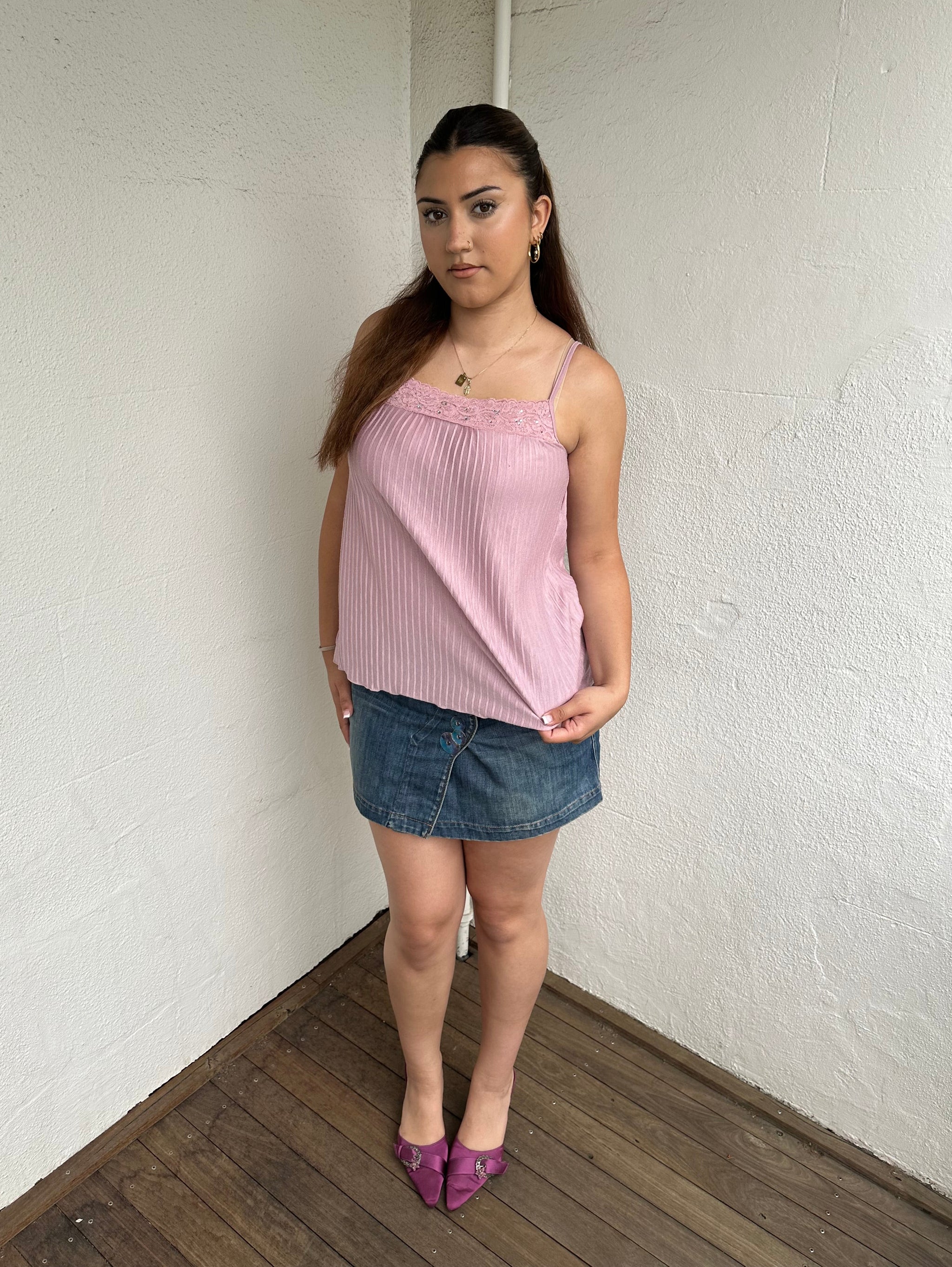 Woman Dressed in Y2K 00s Dusty pink lace trim cami featuring a soft dusty pink tone