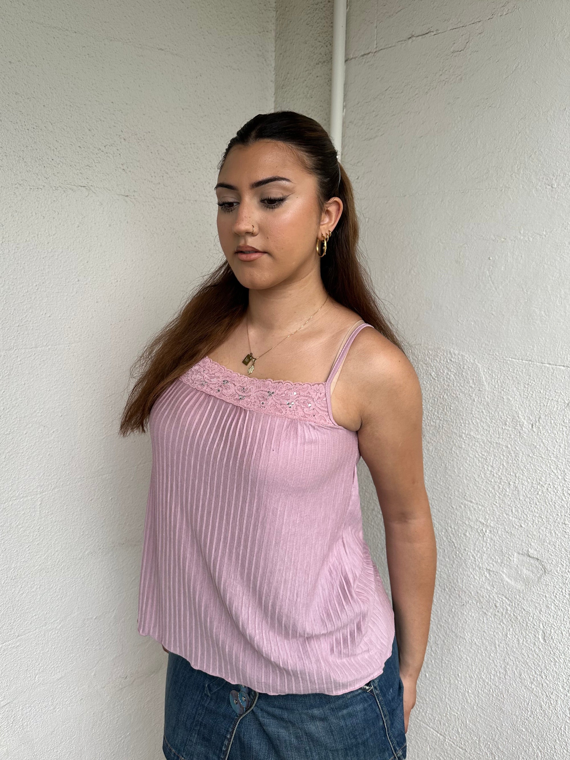 Woman Dressed in Y2K 00s Dusty pink lace trim cami featuring a soft dusty pink tone