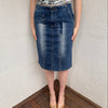 Woman wearing a Y2K 00s Pinstripe denim midi skirt featuring silver D-rings and grommet detailing across the front.