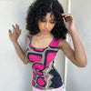 Hot pink, beige, and black appliqué patchwork tank crafted from soft stretch fabric with contrast stitching. 