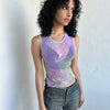 Woman Dressed in Y2K Purple and green flower print mesh tank that’s fully sheer with a soft, lightweight feel. 