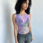 Woman Dressed in Y2K Purple and green flower print mesh tank that’s fully sheer with a soft, lightweight feel. 