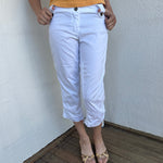 Woman wearing a Y2K 00s White side drawstring capri pants
